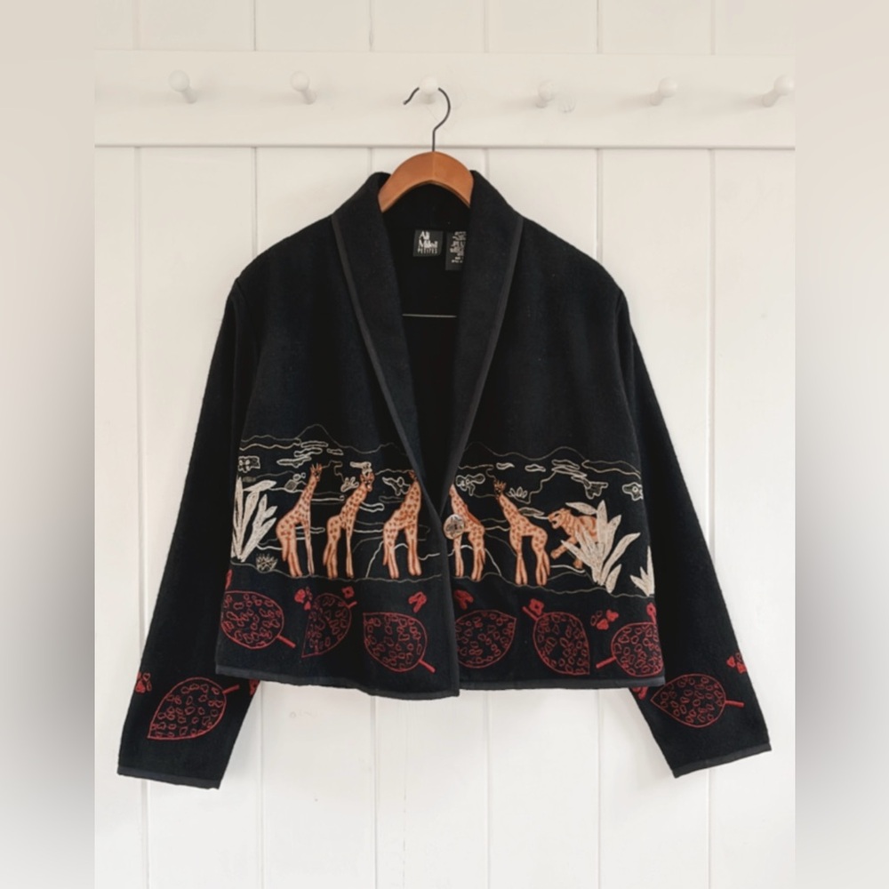Ali Miles Embroidered Jacket Wool Animals Giraffes Artsy Art Teacher Unique - Picture 2 of 16